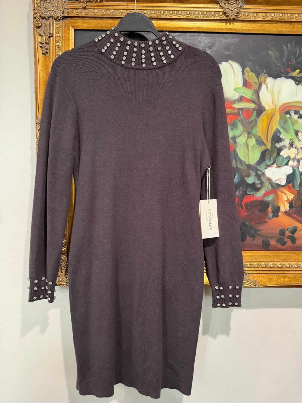 Embellished Mock Neck Long-Sleeve Knit Dress — Charcoal
